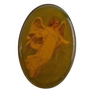Vintage Guardian Angel Brooch Lapel Pin Lucite Covered Picture Oval 1" Gold Tone